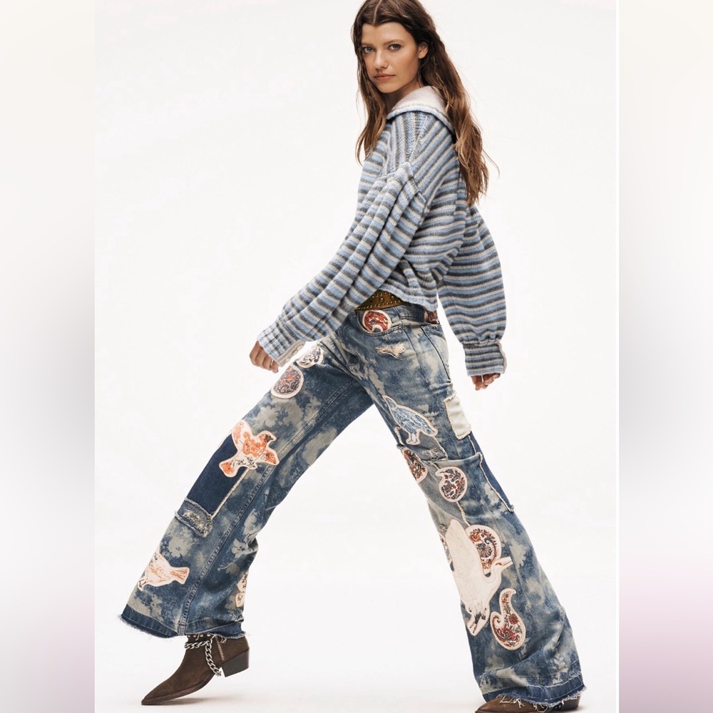 Free People Flying High Patched Jeans We The Free Embroidered Free Birds 29 NWT - Picture 6 of 11